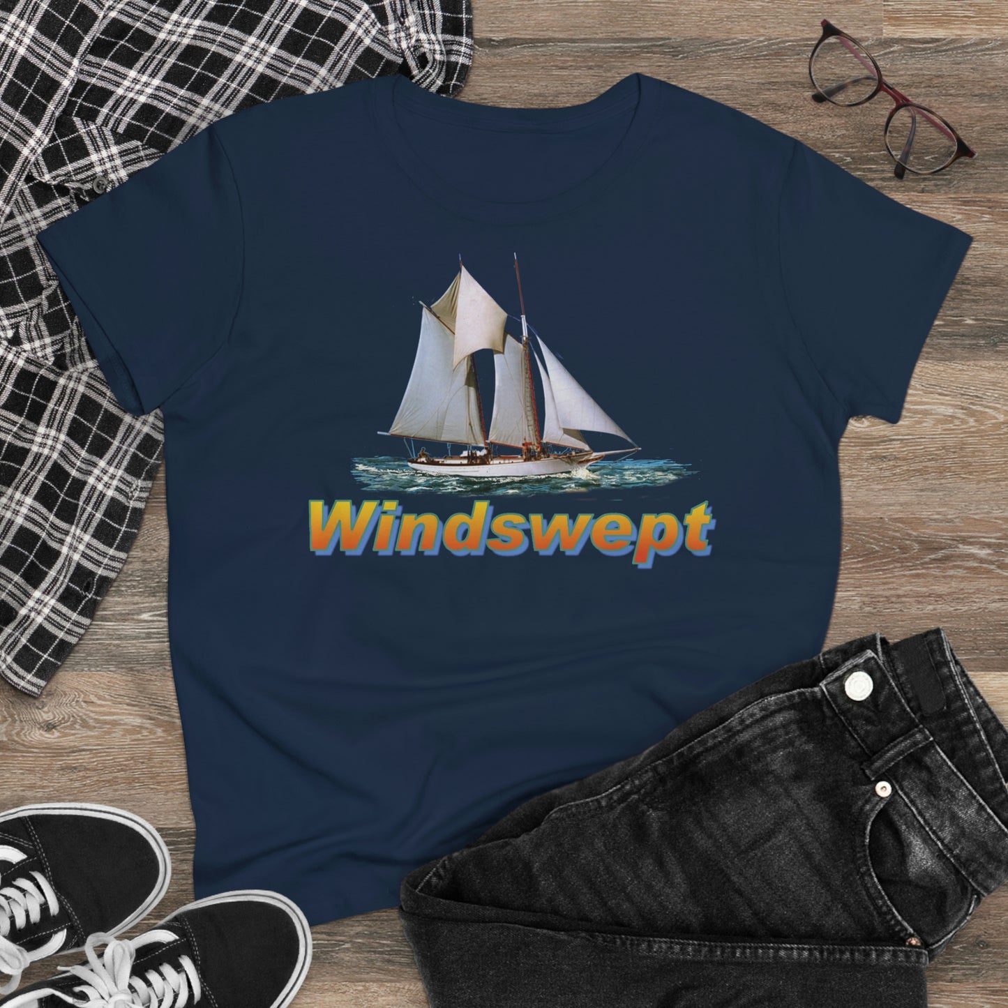 Windswept T-Shirt, William H Aubrey sailboat.  Women's Midweight Cotton Tee